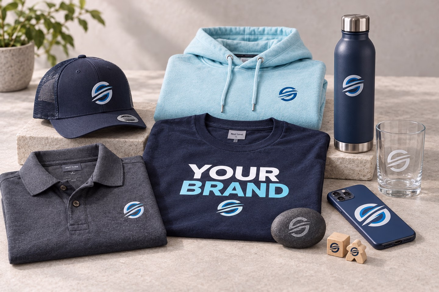 A neatly arranged collection of printed and embroidered apparel, engraved stone, etched glass and custom products — Source Select.