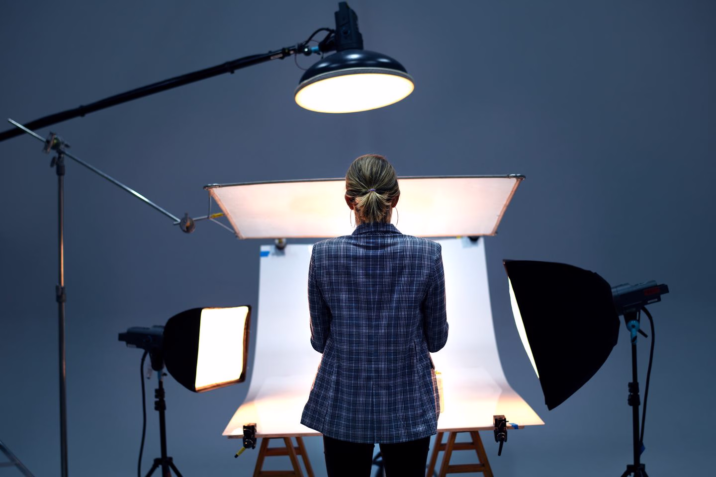 Product photography lighting arranged around a studio backdrop — Source Select.