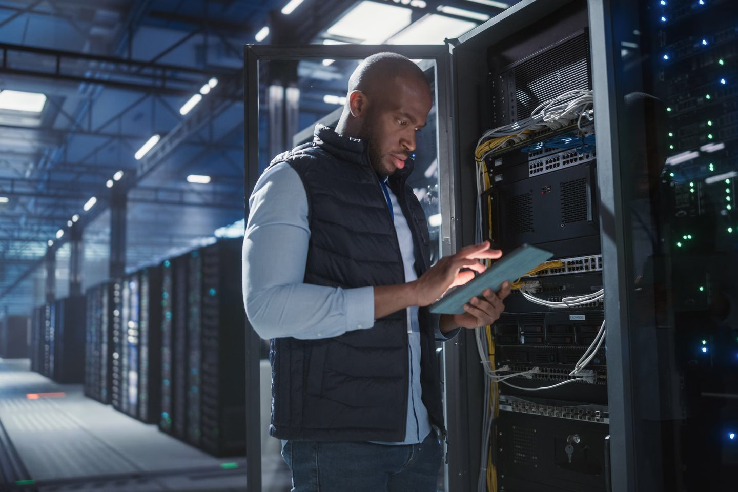 Technician in a blue data centre — Source Select.