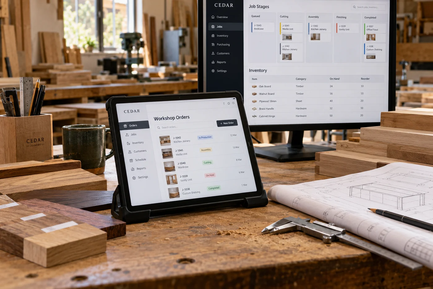 A joinery workshop bench with a tablet in a sturdy stand showing CEDAR workshop order management and a desktop monitor behind showing job stages and inventory.