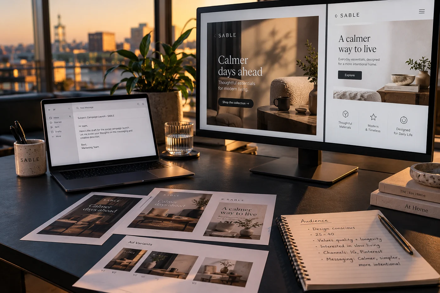 A SABLE studio campaign planning table with a large screen showing social ad creative and a landing page, laptop with an email draft, printed ad variants and handwritten audience notes.