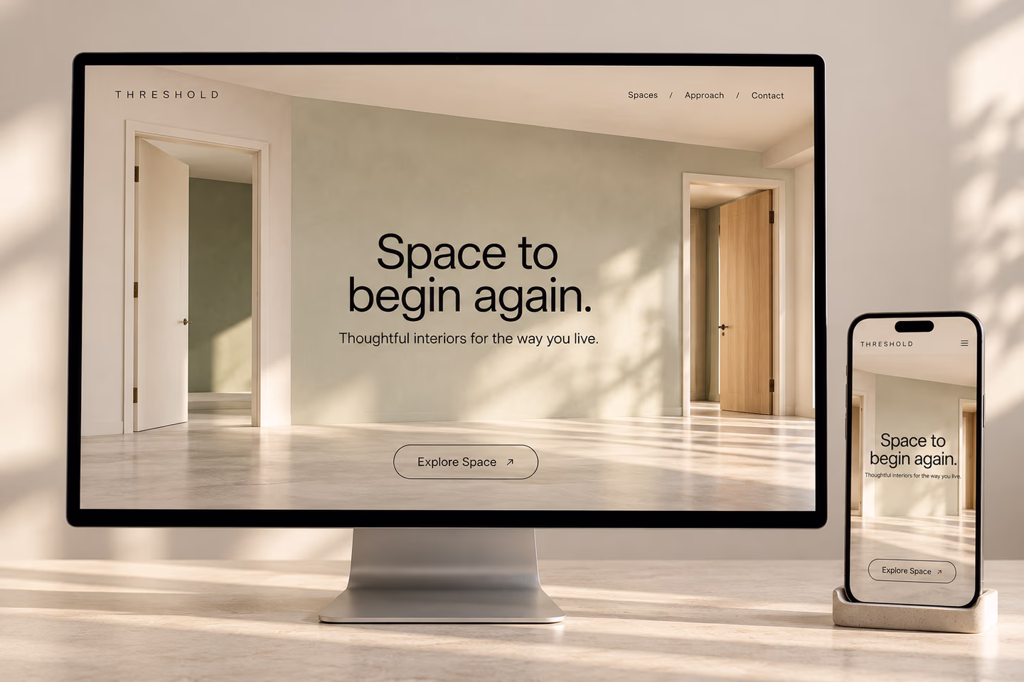 Responsive interior-design website displayed on a monitor and phone — SourceSelect.ca.
