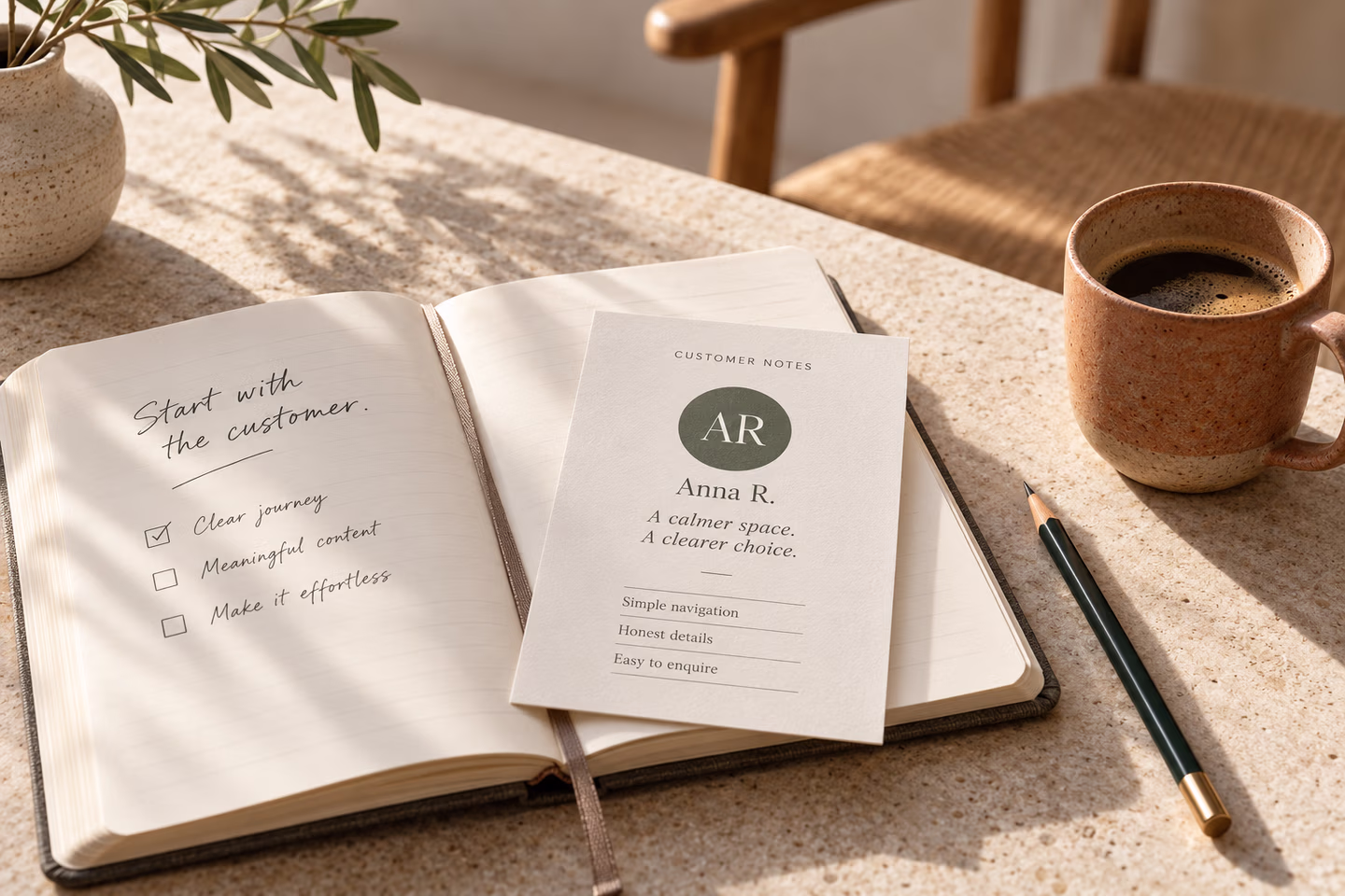 Customer planning journal, profile notes and a ceramic coffee mug — SourceSelect.ca.