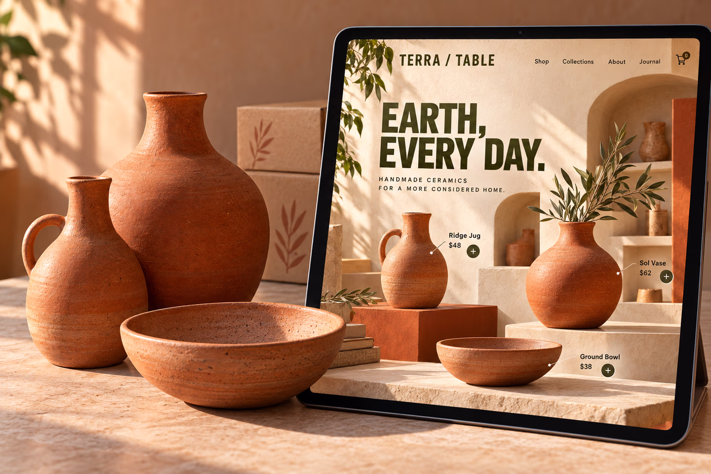 Ceramic product catalogue displayed on a tablet beside tableware — SourceSelect.ca.