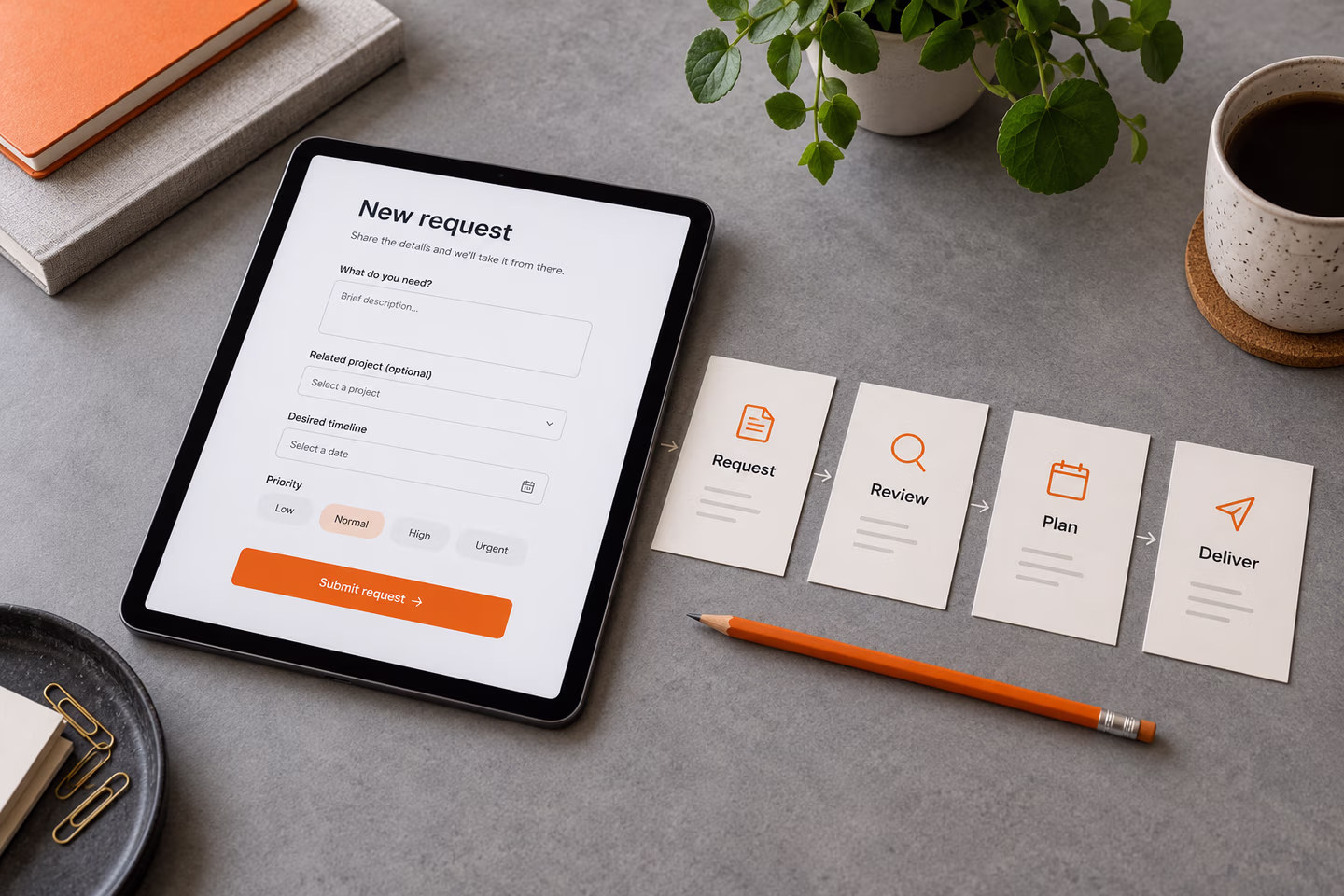 Application planning materials arranged in a studio workspace — SourceSelect.ca.