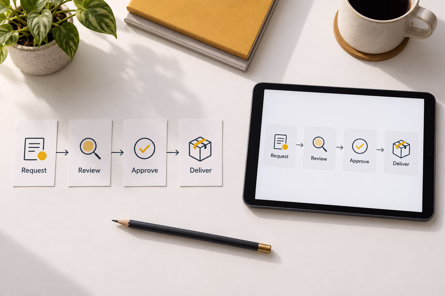 Process planning cards and a tablet arranged on a desk — SourceSelect.ca.
