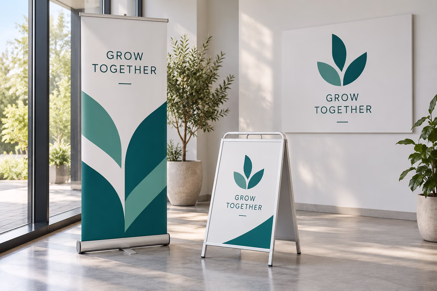 Coordinated roll-up banner, pavement sign and wall signage — SourceSelect.ca.