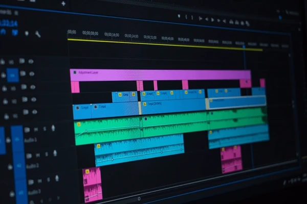 Video editing timeline with layered tracks — Source Select.